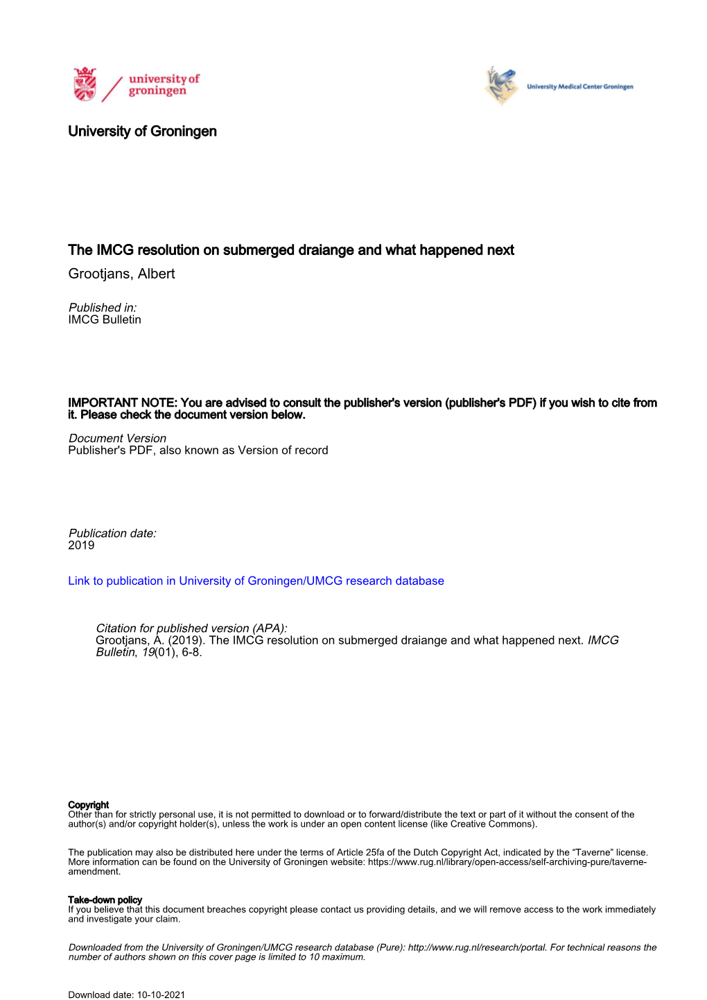 University of Groningen the IMCG Resolution on Submerged Draiange and What Happened Next Grootjans, Albert