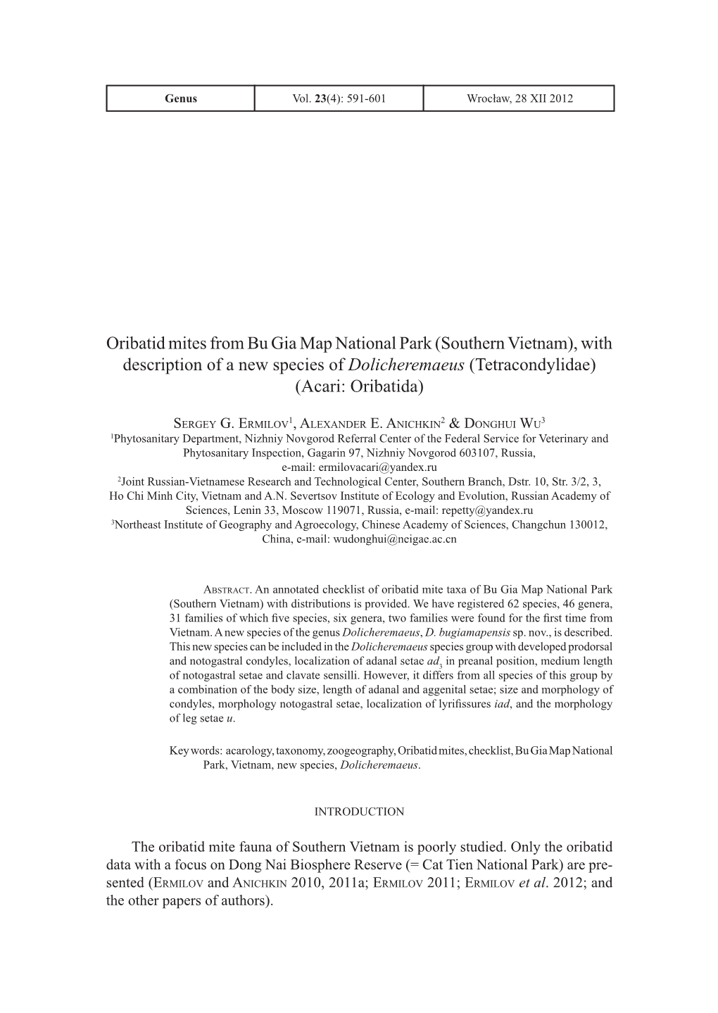 Oribatid Mites from Bu Gia Map National Park (Southern Vietnam), with Description of a New Species of Dolicheremaeus (Tetracondylidae) (Acari: Oribatida)