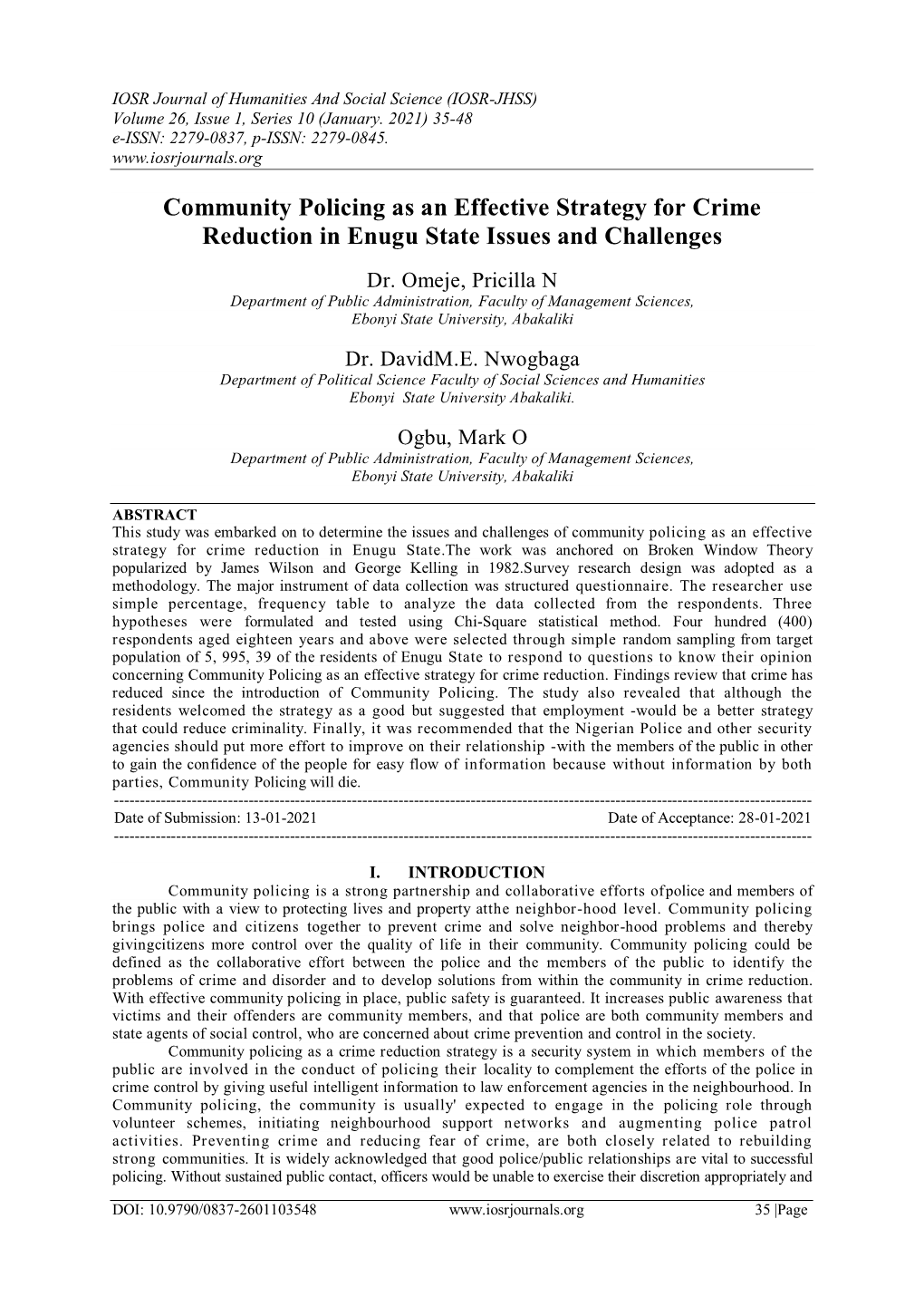 Community Policing As an Effective Strategy for Crime Reduction in Enugu State Issues and Challenges