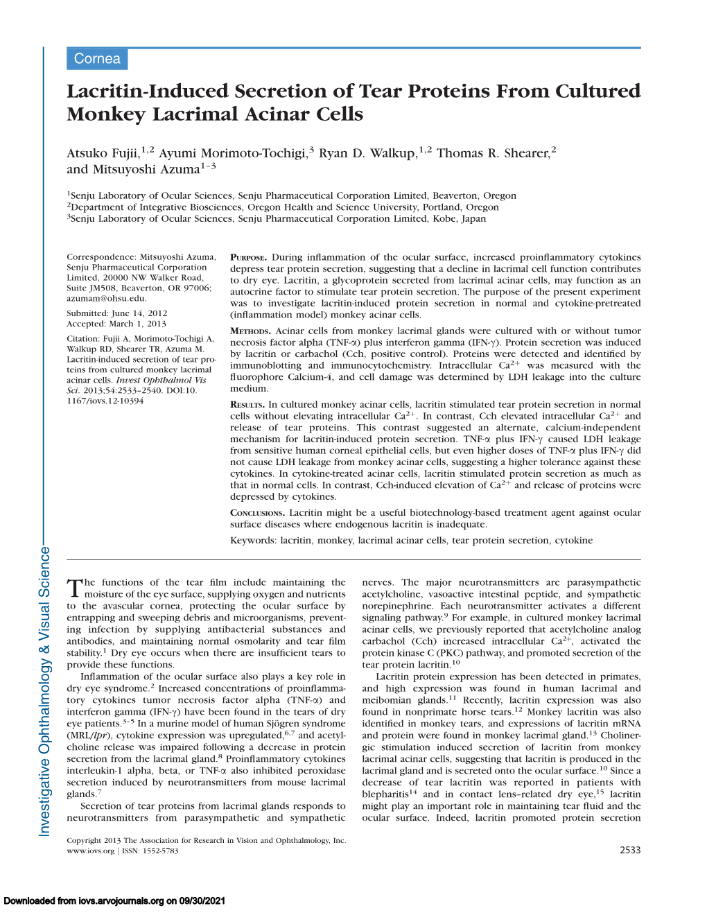 Lacritin-Induced Secretion of Tear Proteins from Cultured Monkey Lacrimal Acinar Cells
