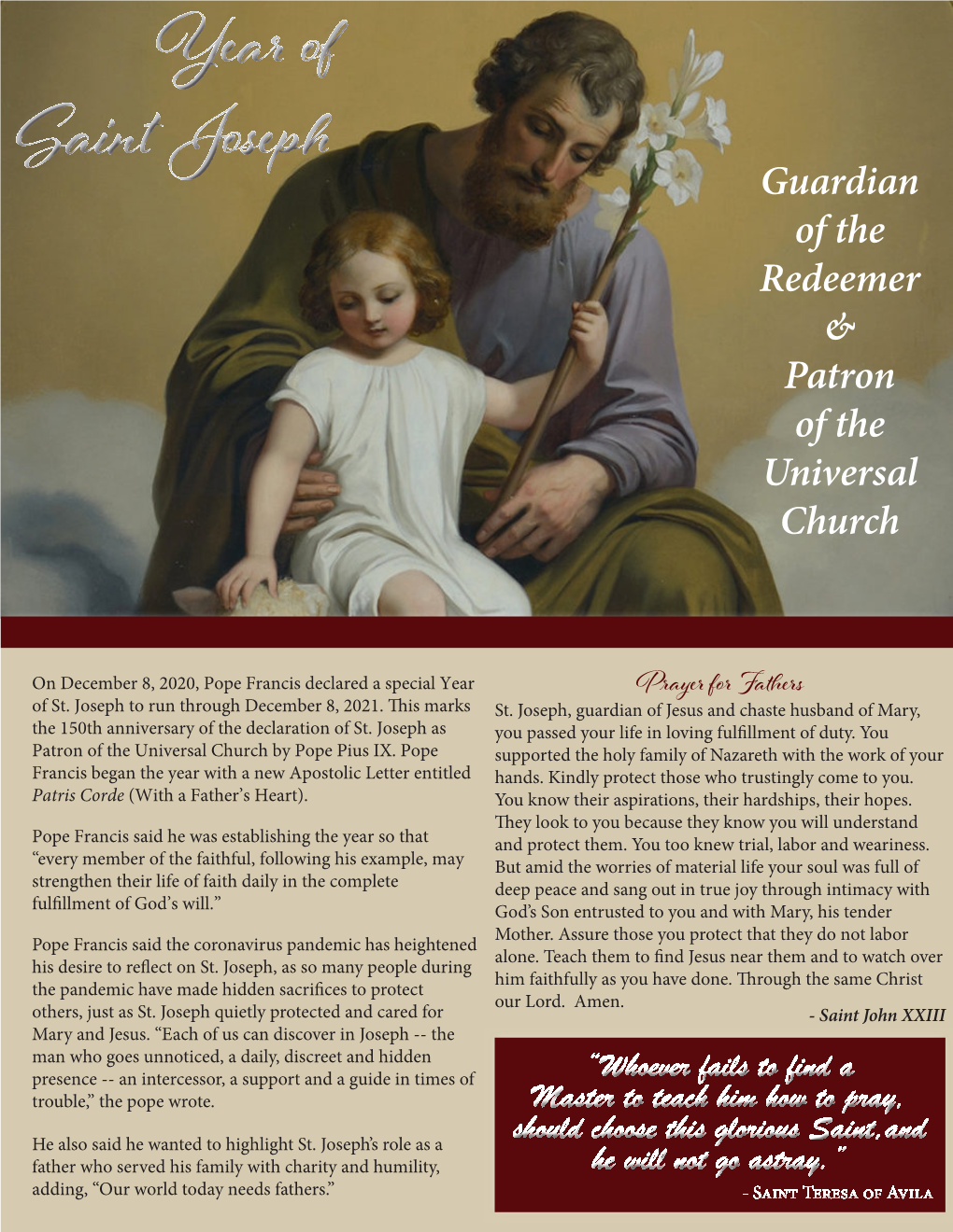 Saint Joseph Guardian of the Redeemer & Patron of the Universal Church