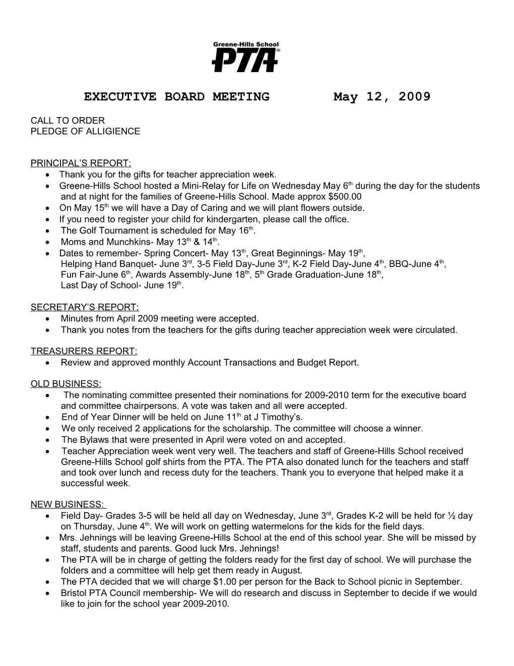 EXECUTIVE BOARD MEETING May 12, 2009