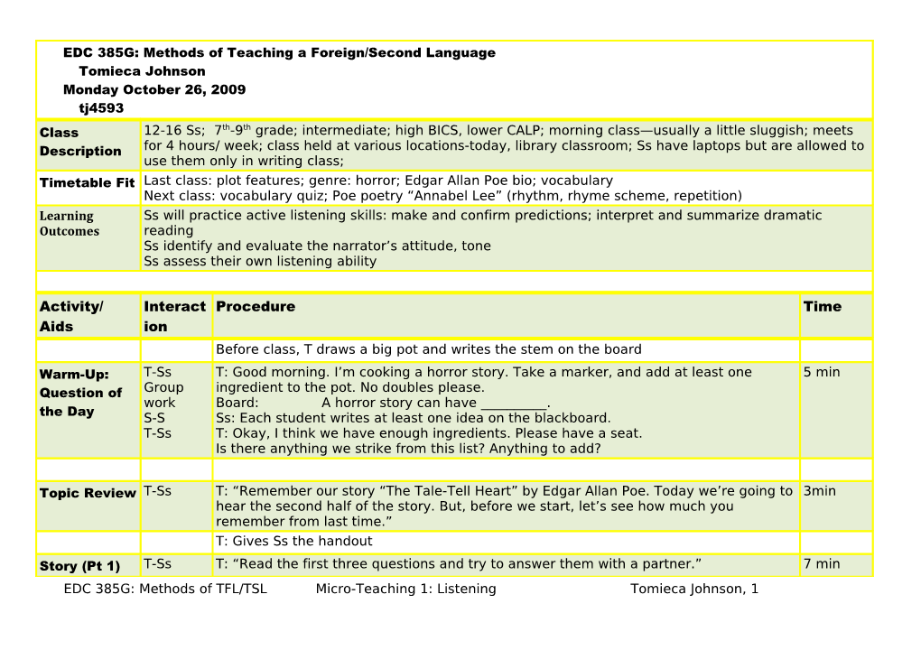 EDC 385G: Methods of TFL/TSL Micro-Teaching 1: Listening Tomieca Johnson, 1