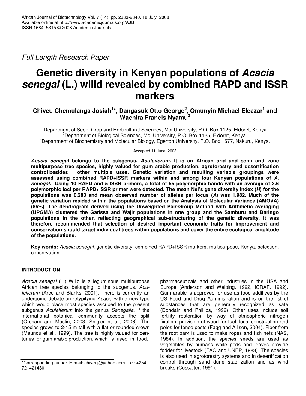 Genetic Diversity in Kenyan Populations of Acacia Senegal (L.) Willd Revealed by Combined RAPD and ISSR Markers
