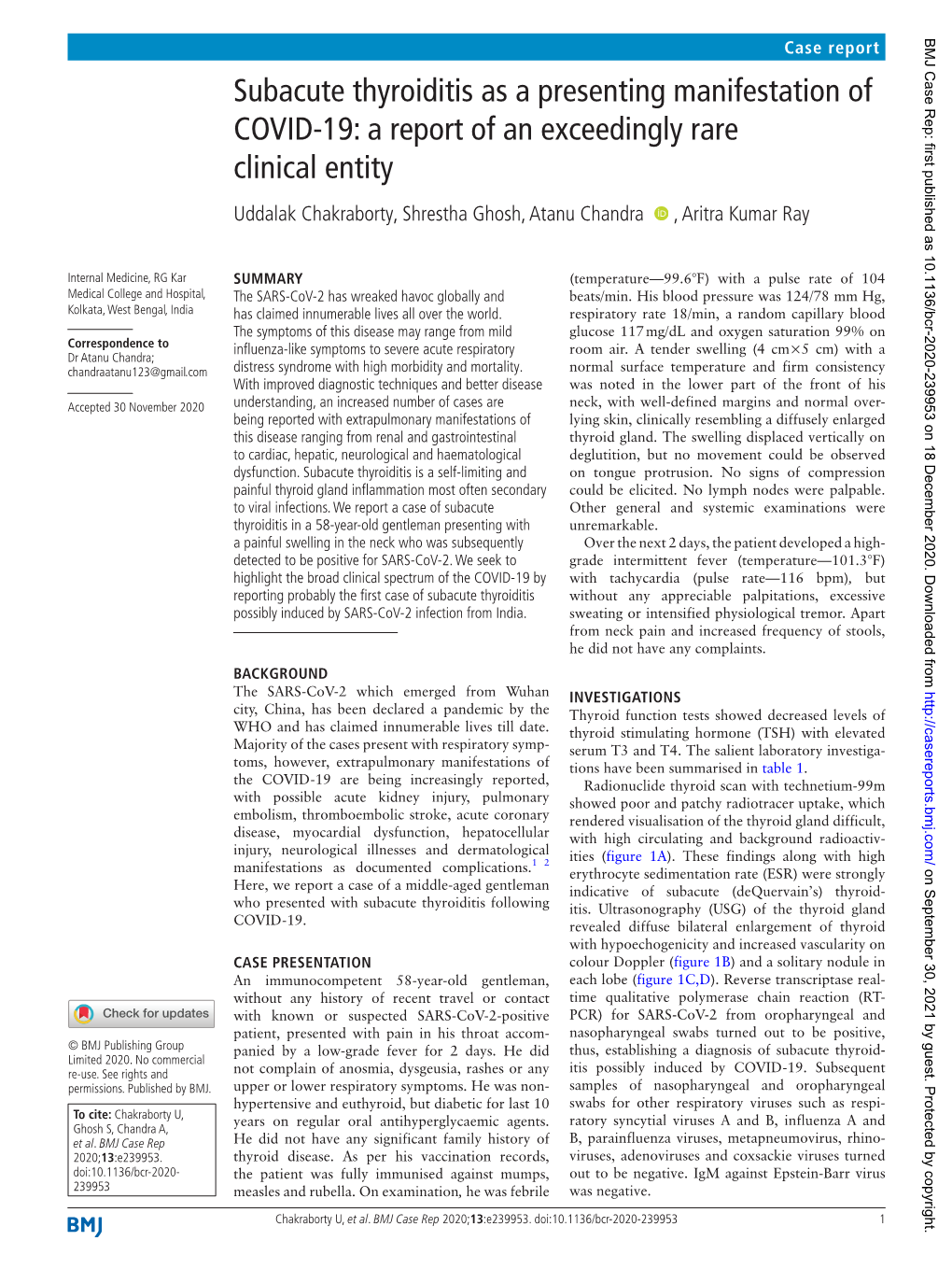 Subacute Thyroiditis As a Presenting Manifestation of COVID-19