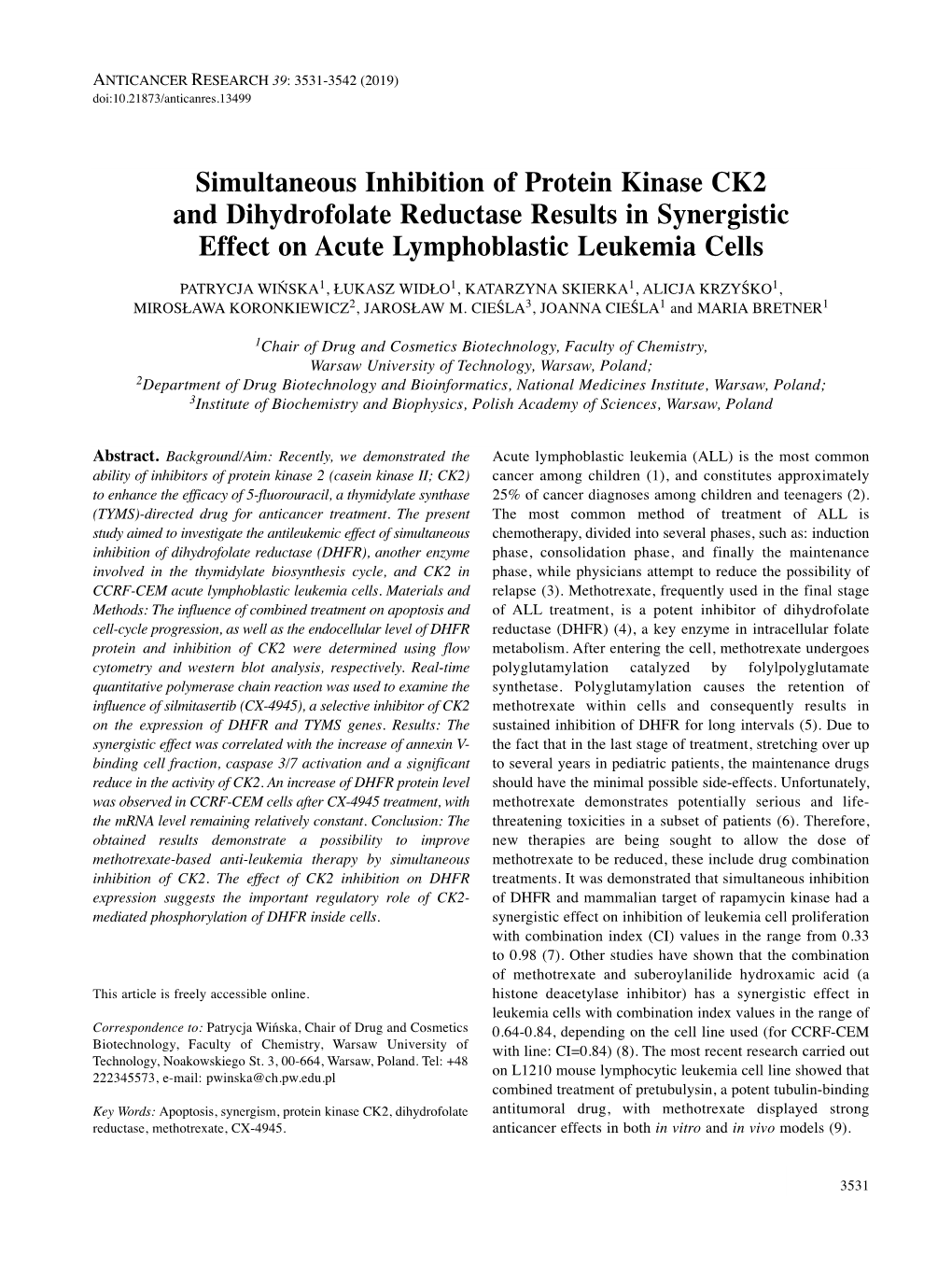 Simultaneous Inhibition of Protein Kinase CK2 and Dihydrofolate