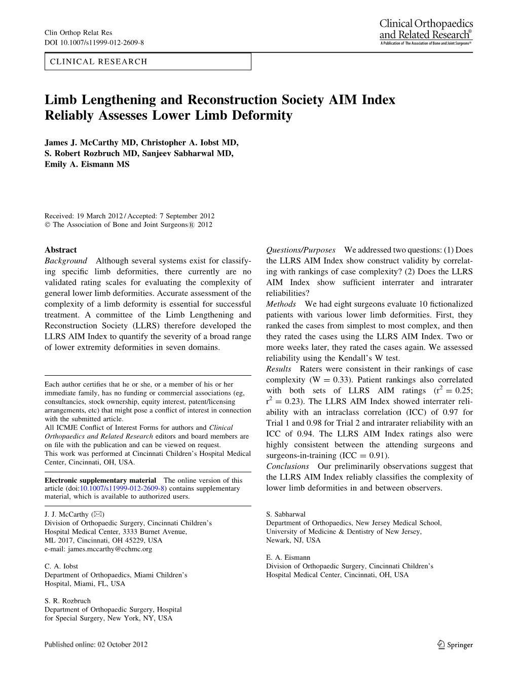 Limb Lengthening and Reconstruction Society AIM Index Reliably Assesses Lower Limb Deformity