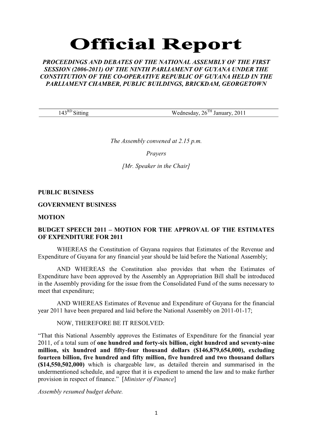 Proceedings and Debates of the National Assembly of the First