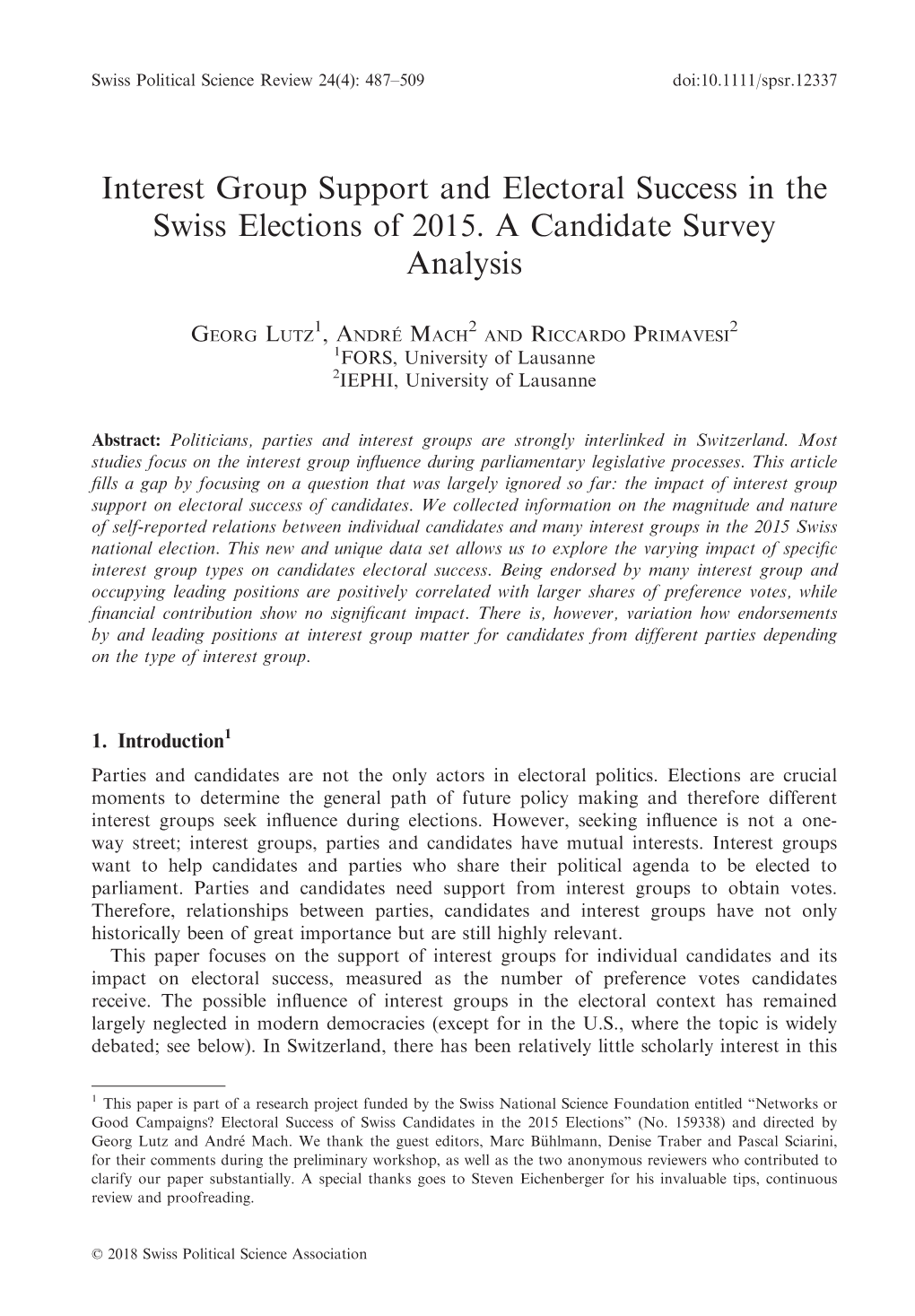 Interest Group Support and Electoral Success in the Swiss Elections of 2015