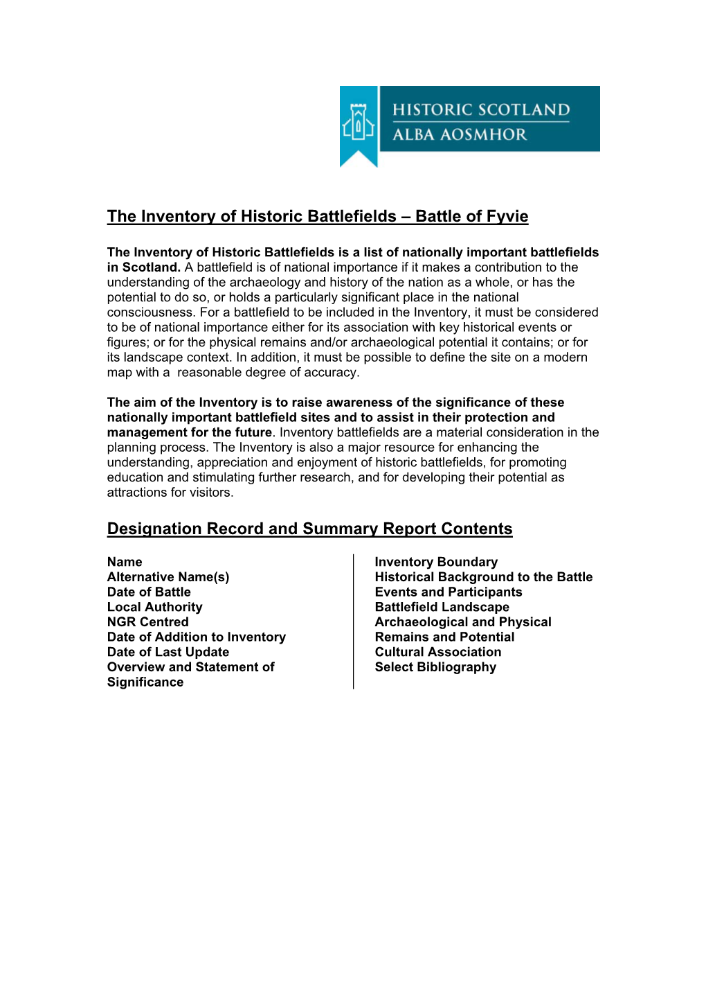 The Inventory of Historic Battlefields – Battle of Fyvie Designation Record