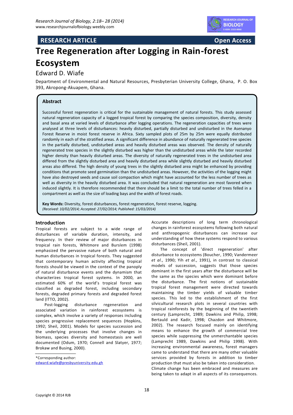 Tree Regeneration After Logging in Rain-Forest Ecosystem Edward D