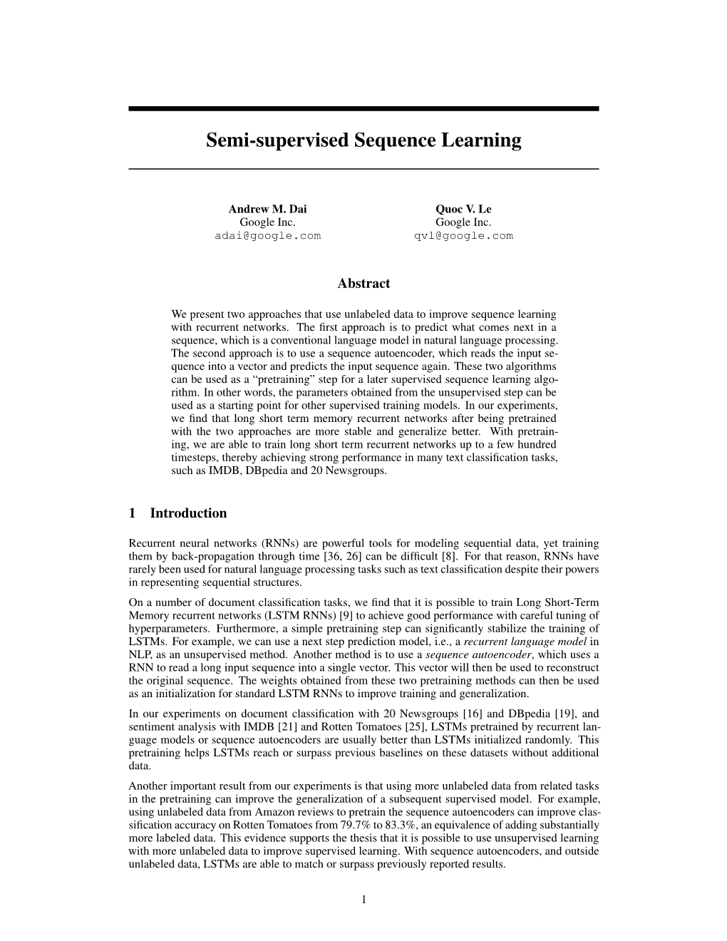 Semi-Supervised Sequence Learning