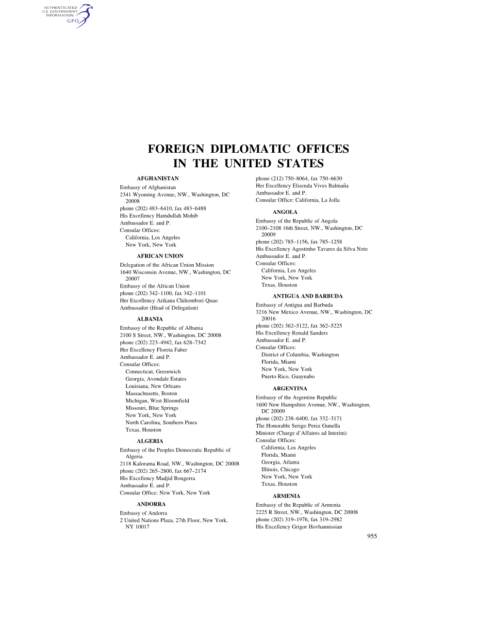 Foreign Diplomatic Offices in the United States