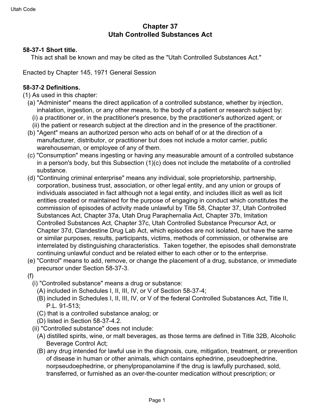 Chapter 37 Utah Controlled Substances Act