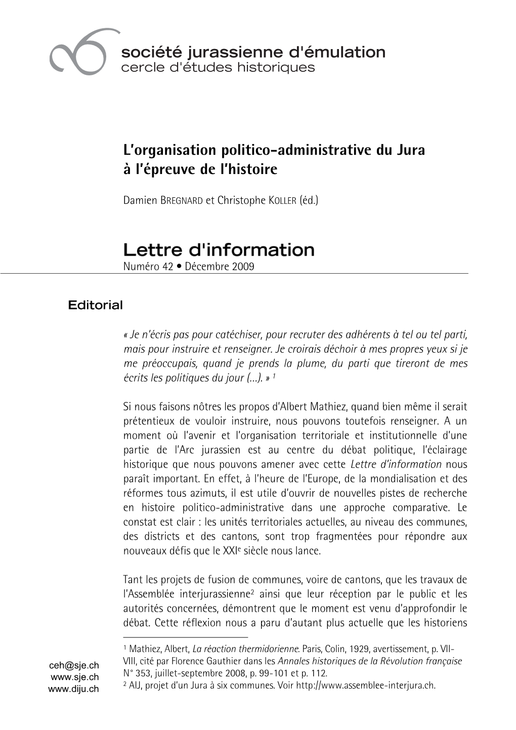 L'organisation Politico-Administrative Du Jura À L'épreuve De L'histoire