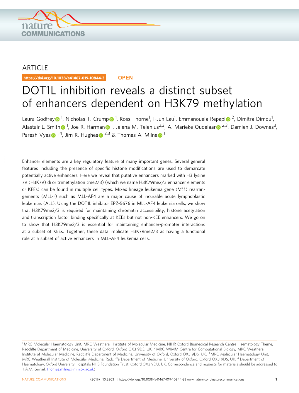 DOT1L Inhibition Reveals a Distinct Subset of Enhancers Dependent on H3K79 Methylation