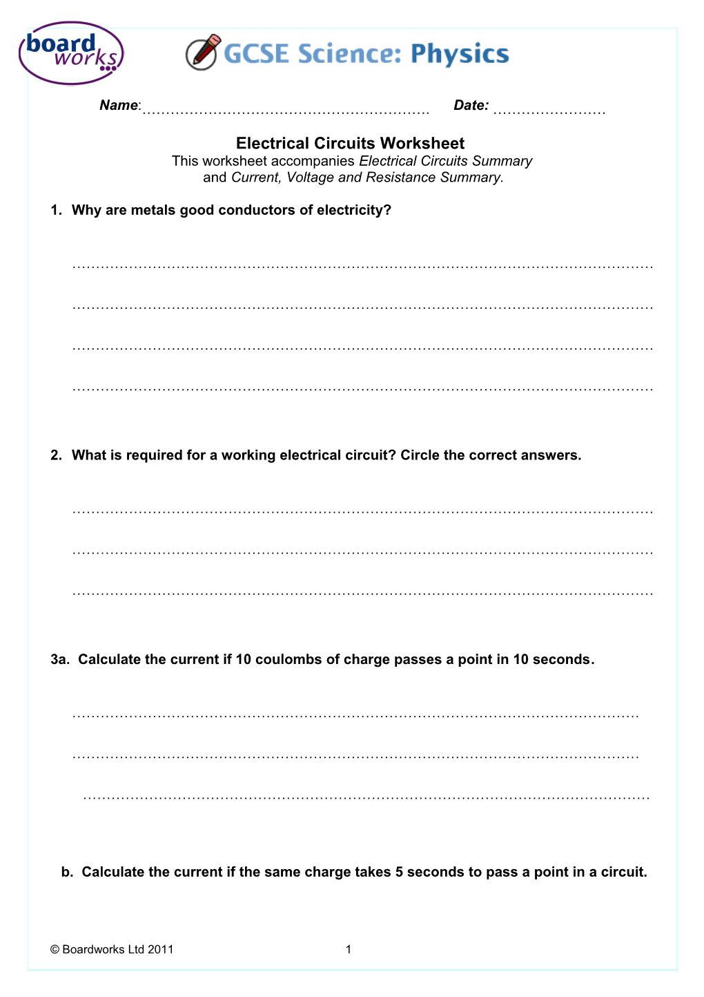 Electrical Circuits Worksheet