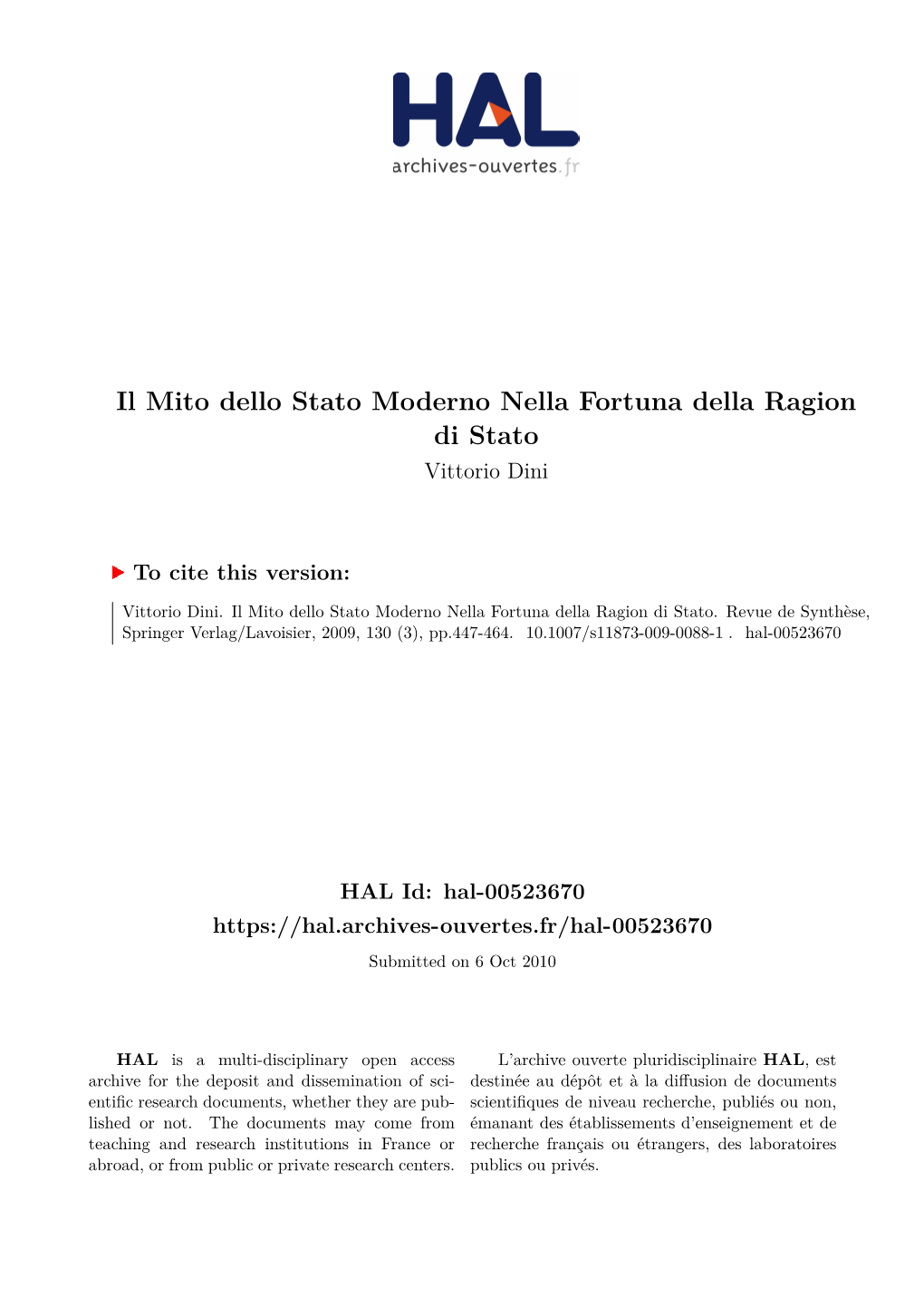 Il Mito Dello Stato Moderno Nella Fortuna Della Ragion Di Stato Vittorio Dini