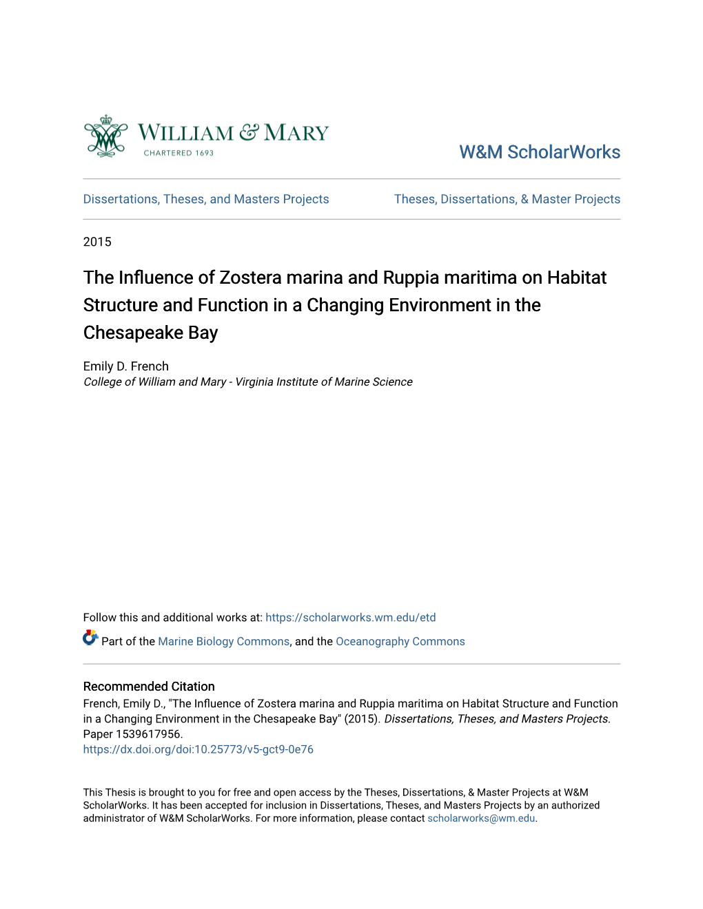 The Influence of Zostera Marina and Ruppia Maritima on Habitat Structure and Function in a Changing Environment in the Chesapeake Bay