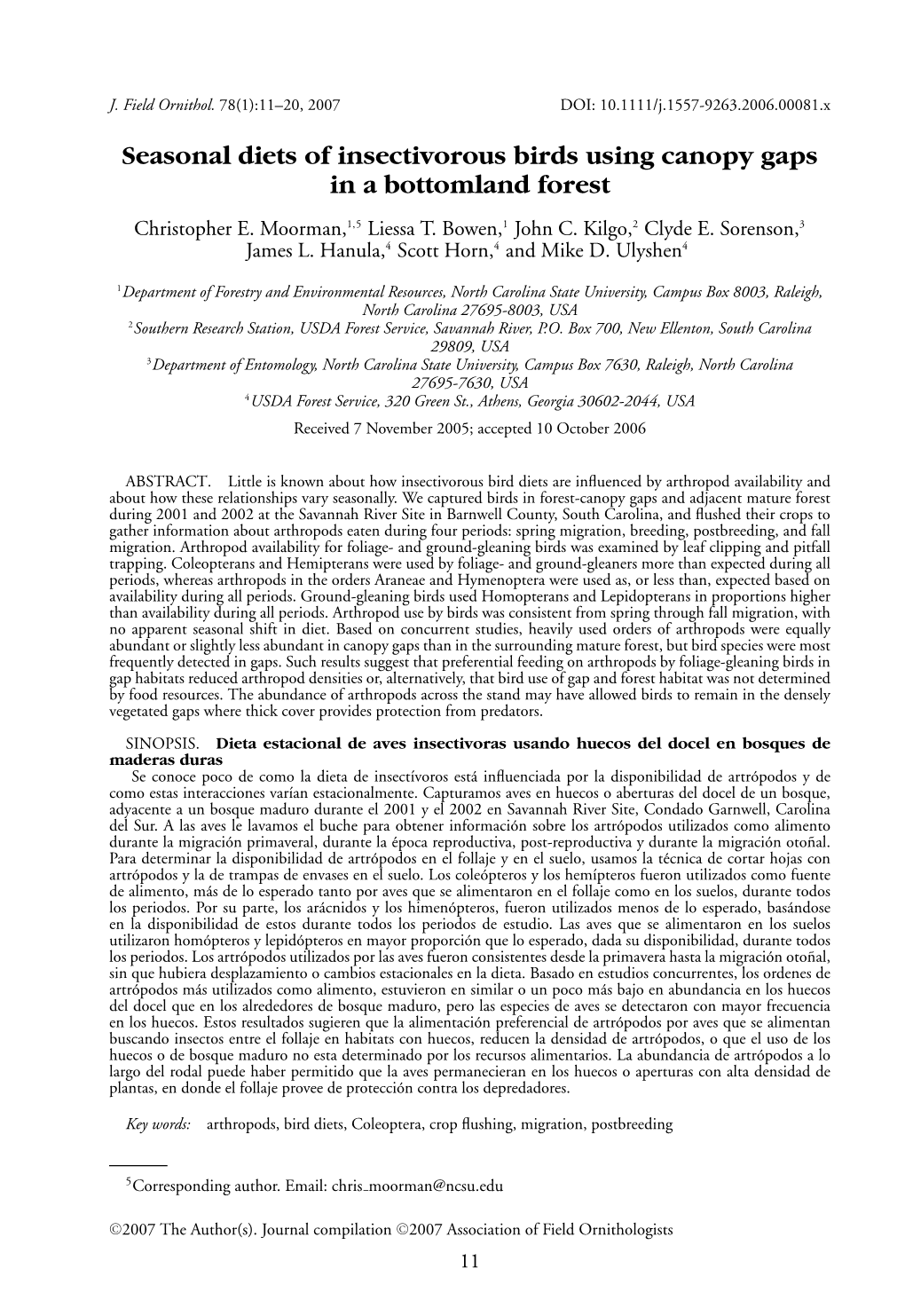 Seasonal Diets of Insectivorous Birds Using Canopy Gaps in a Bottomland Forest Christopher E