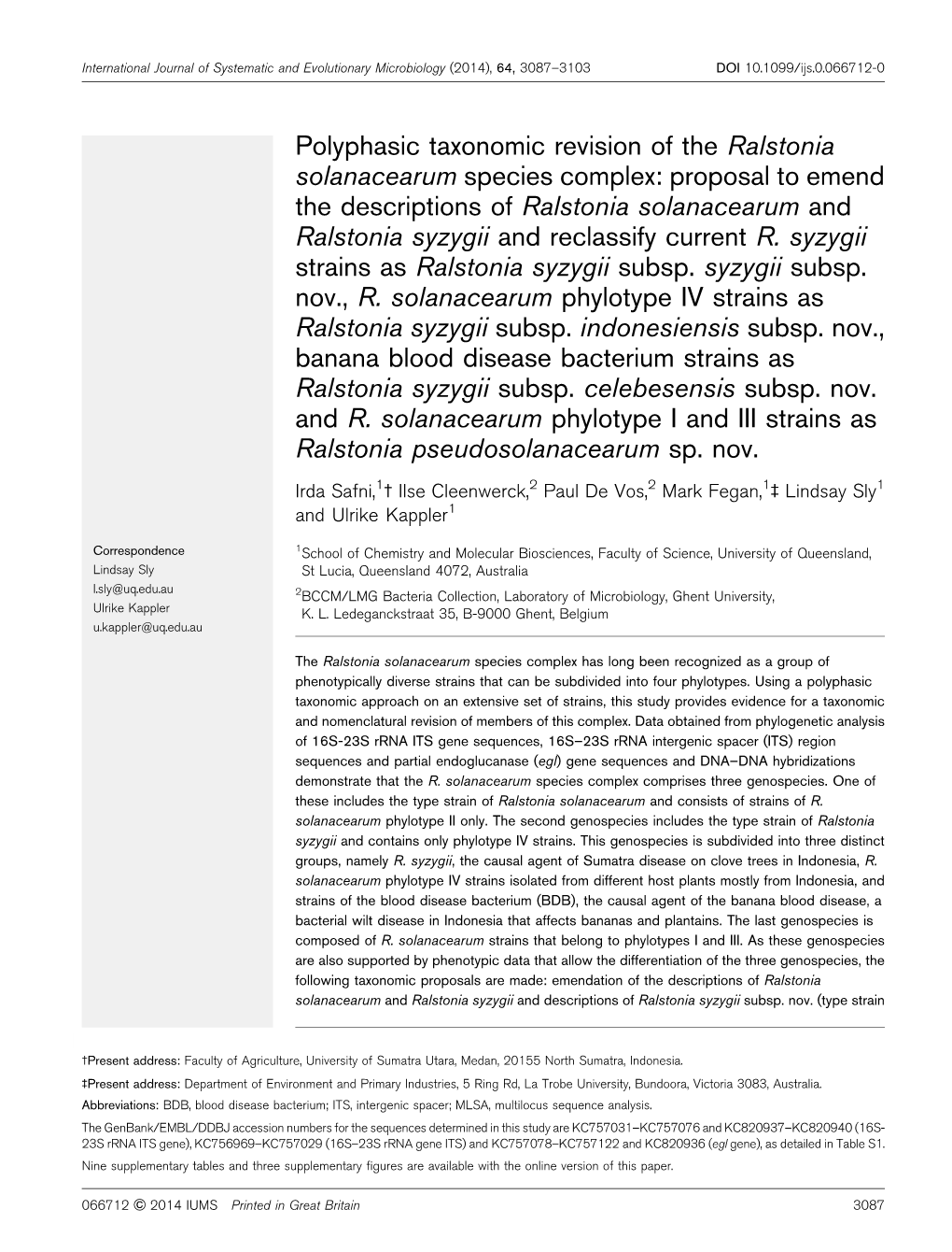 Polyphasic Taxonomic Revision of the Ralstonia Solanacearum Species Complex