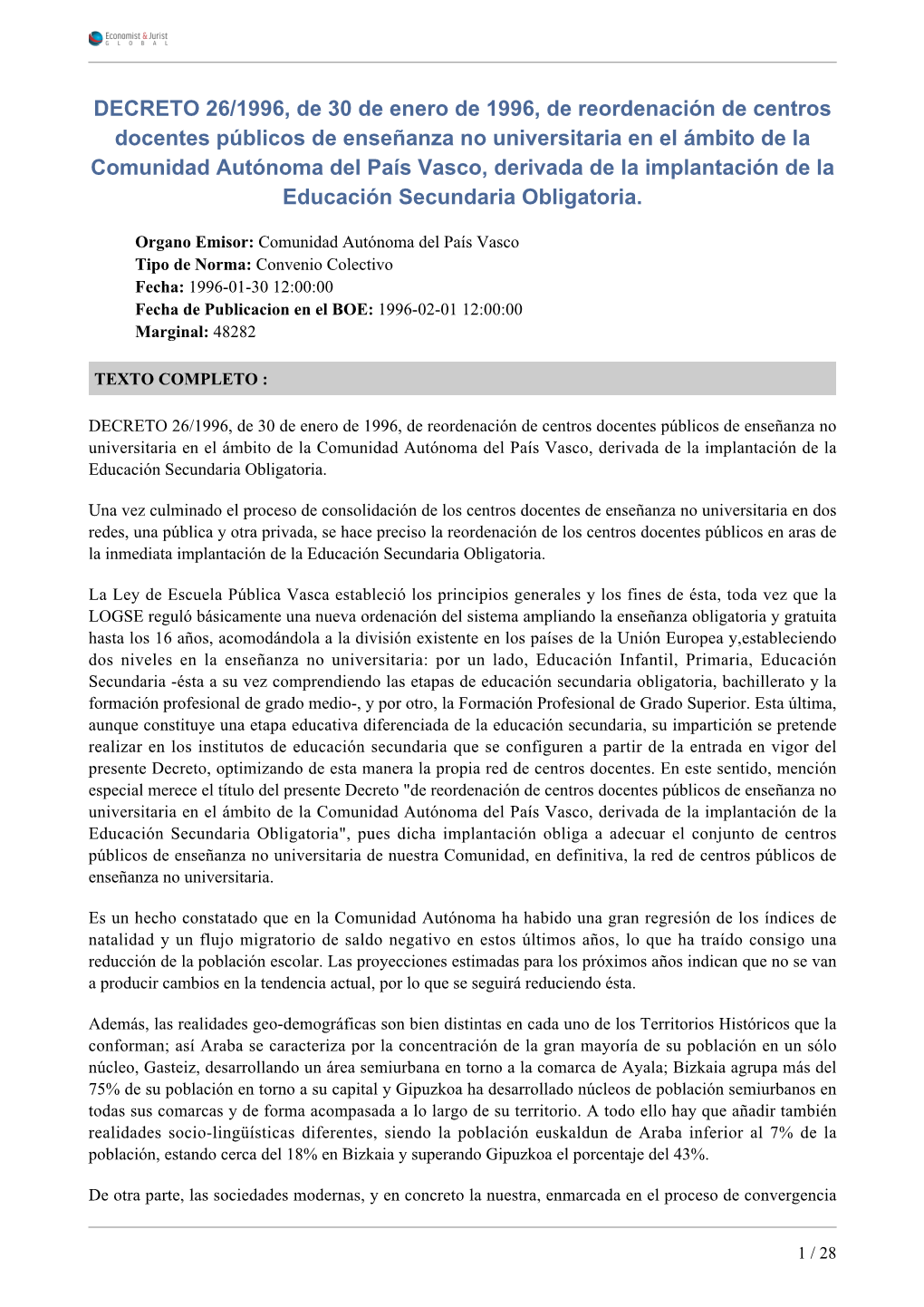 DECRETO 26/1996, De 30 De Enero De 1996