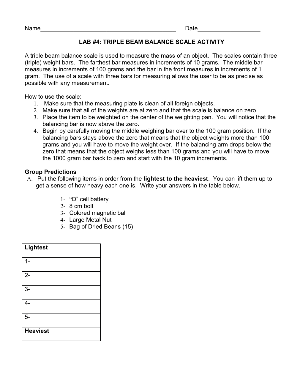 Lab #4: Triple Beam Balance Scale Activity