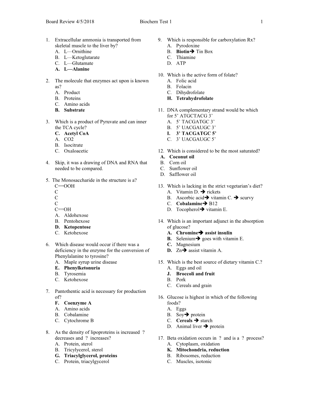 Board Review 9/3/2000 Biochem Test 1 5