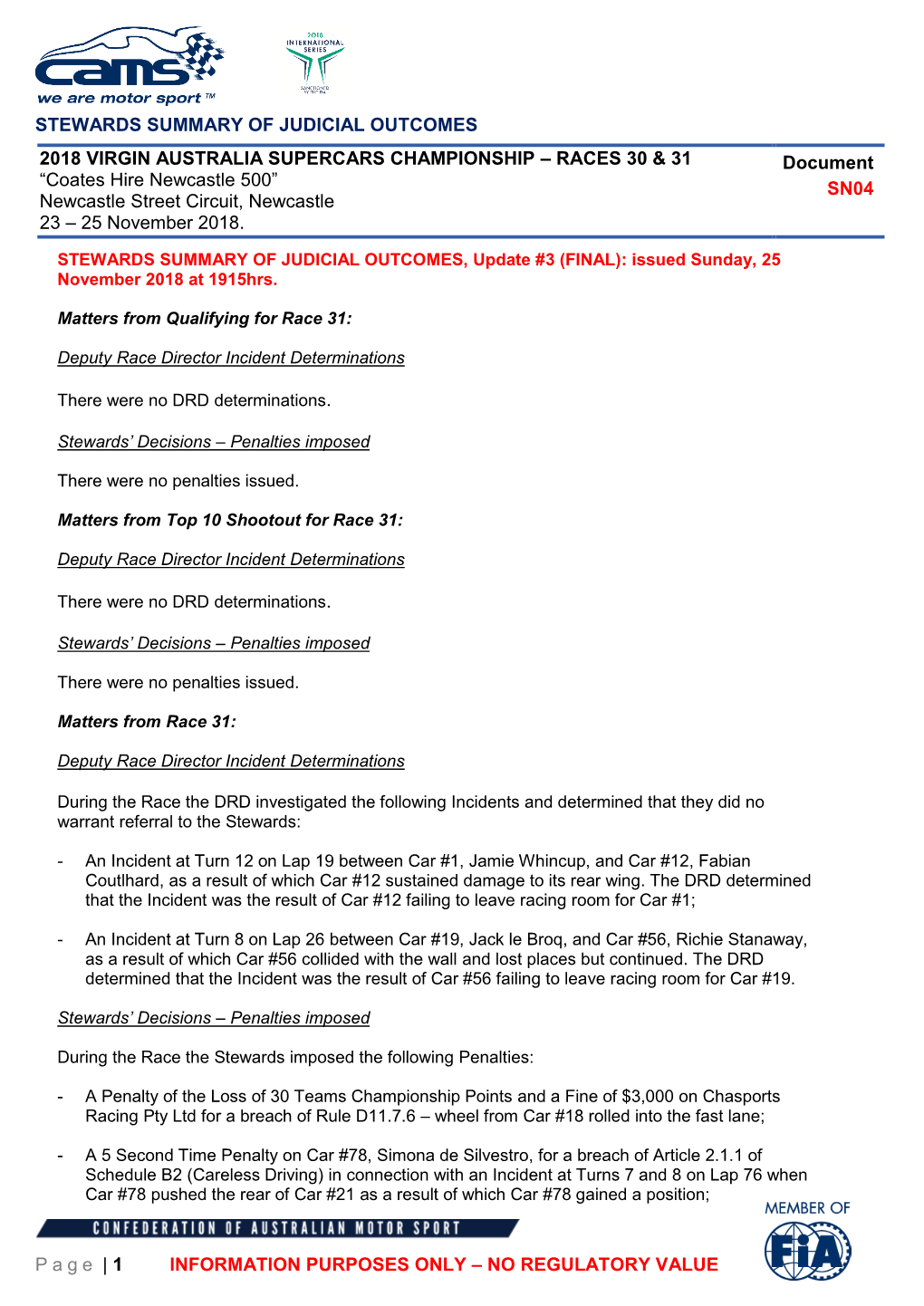 STEWARDS SUMMARY of JUDICIAL OUTCOMES Page