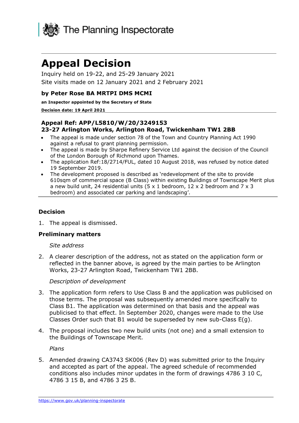 Appeal Decision Inquiry Held on 19-22, and 25-29 January 2021 Site Visits Made on 12 January 2021 and 2 February 2021