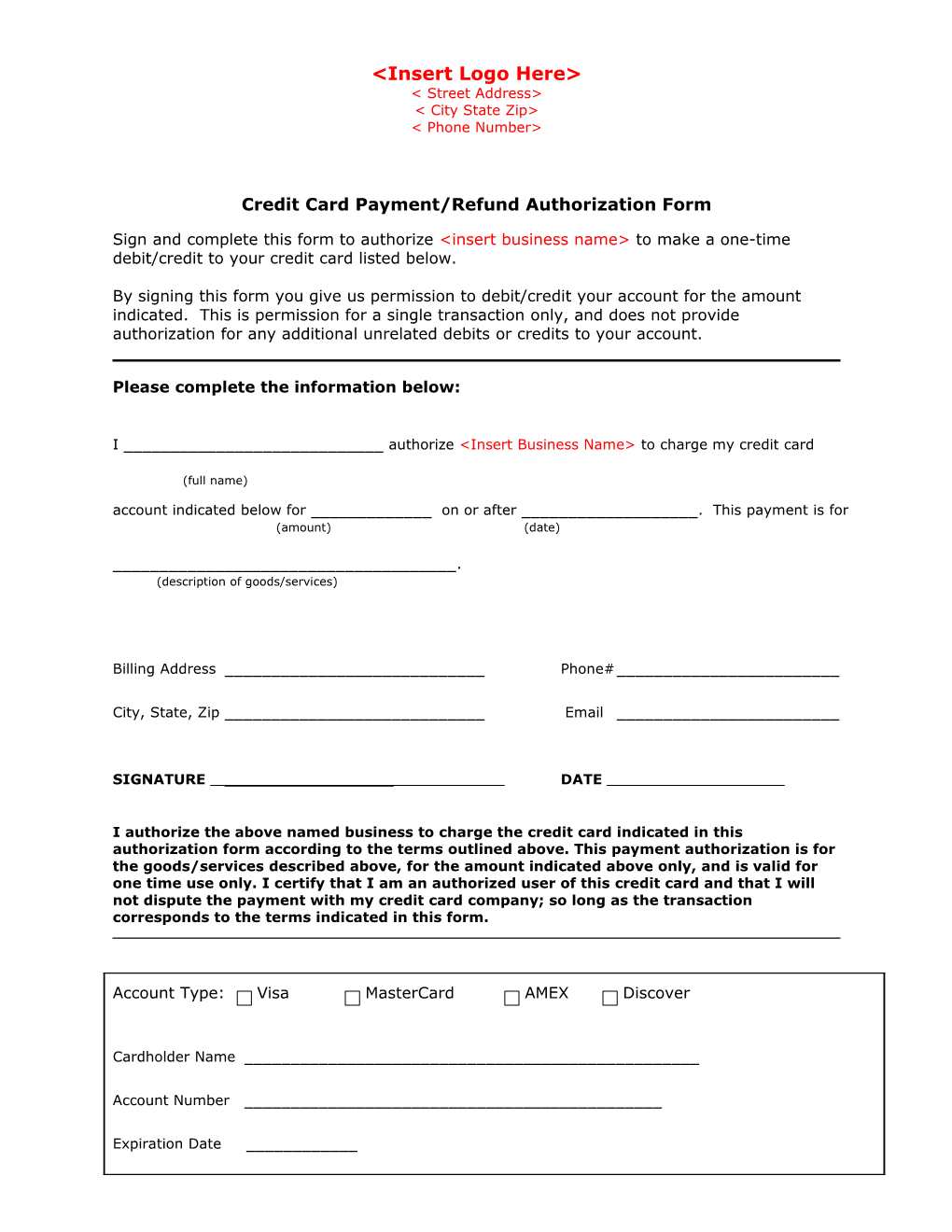 One Time Credit Card Payment Authorization Form