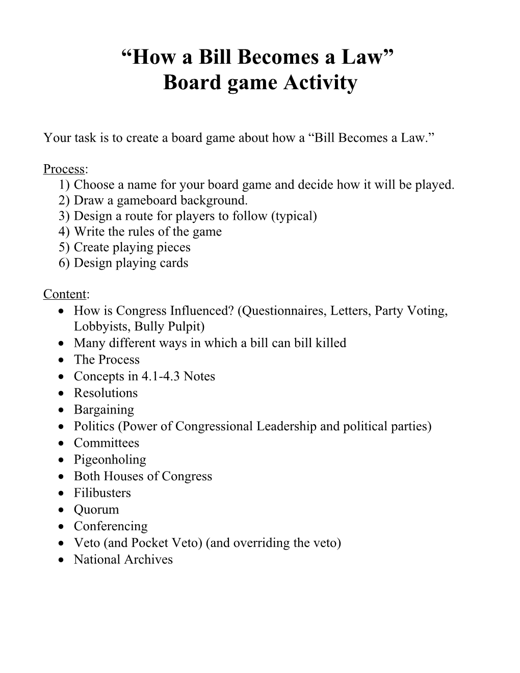 “How A Bill Becomes A Law” Board Game Activity