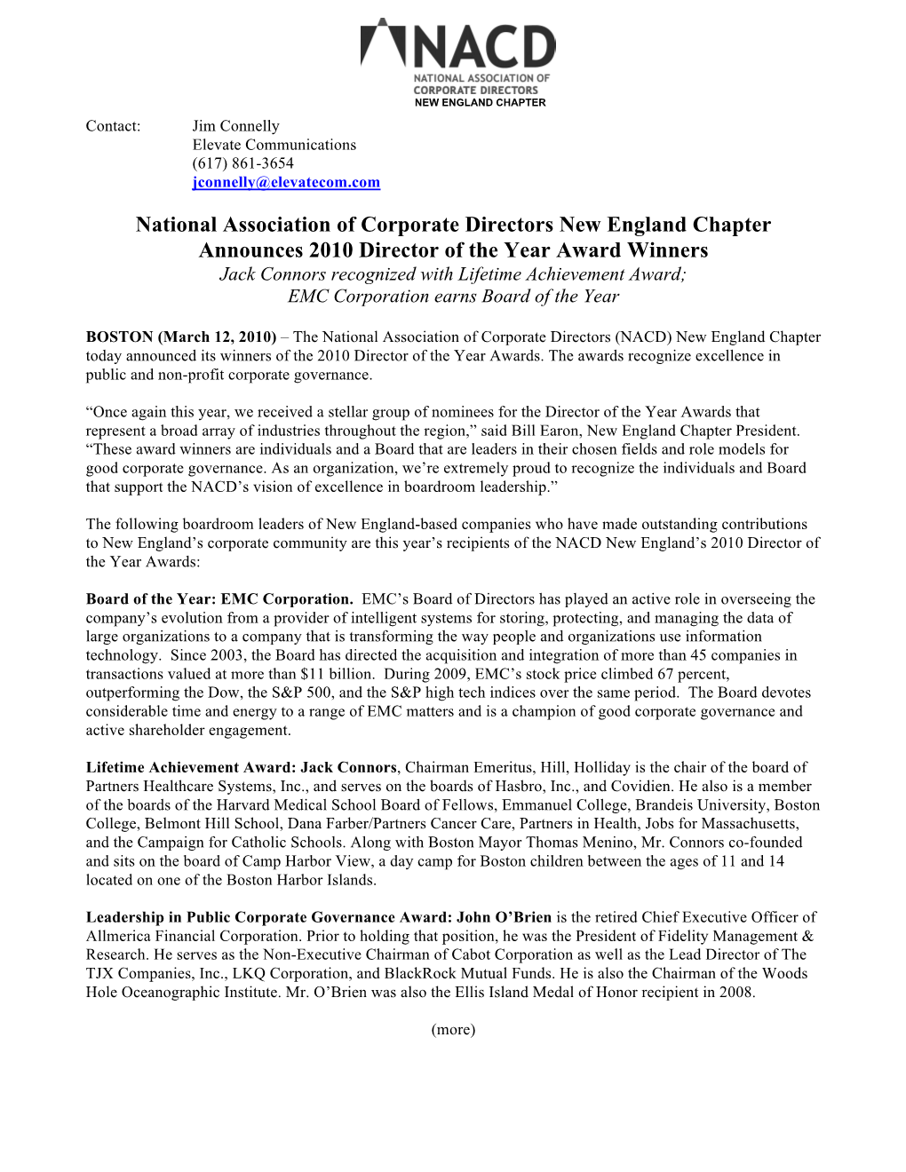 National Association of Corporate Directors New England Chapter Announces 2010 Director of the Year Award Winners