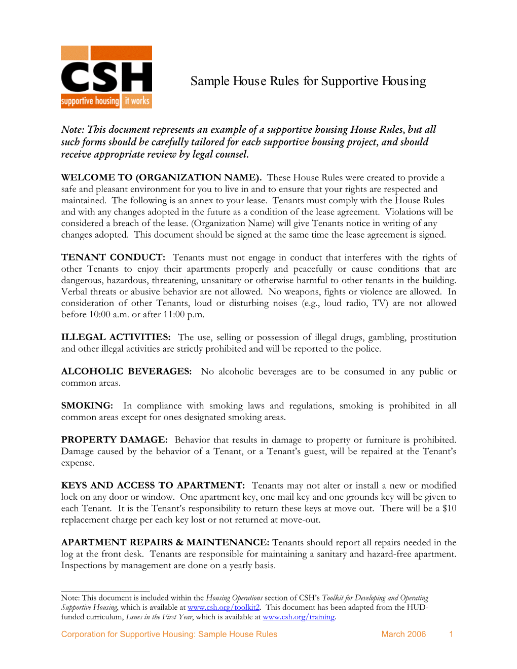 Sample House Rules for Supportive Housing