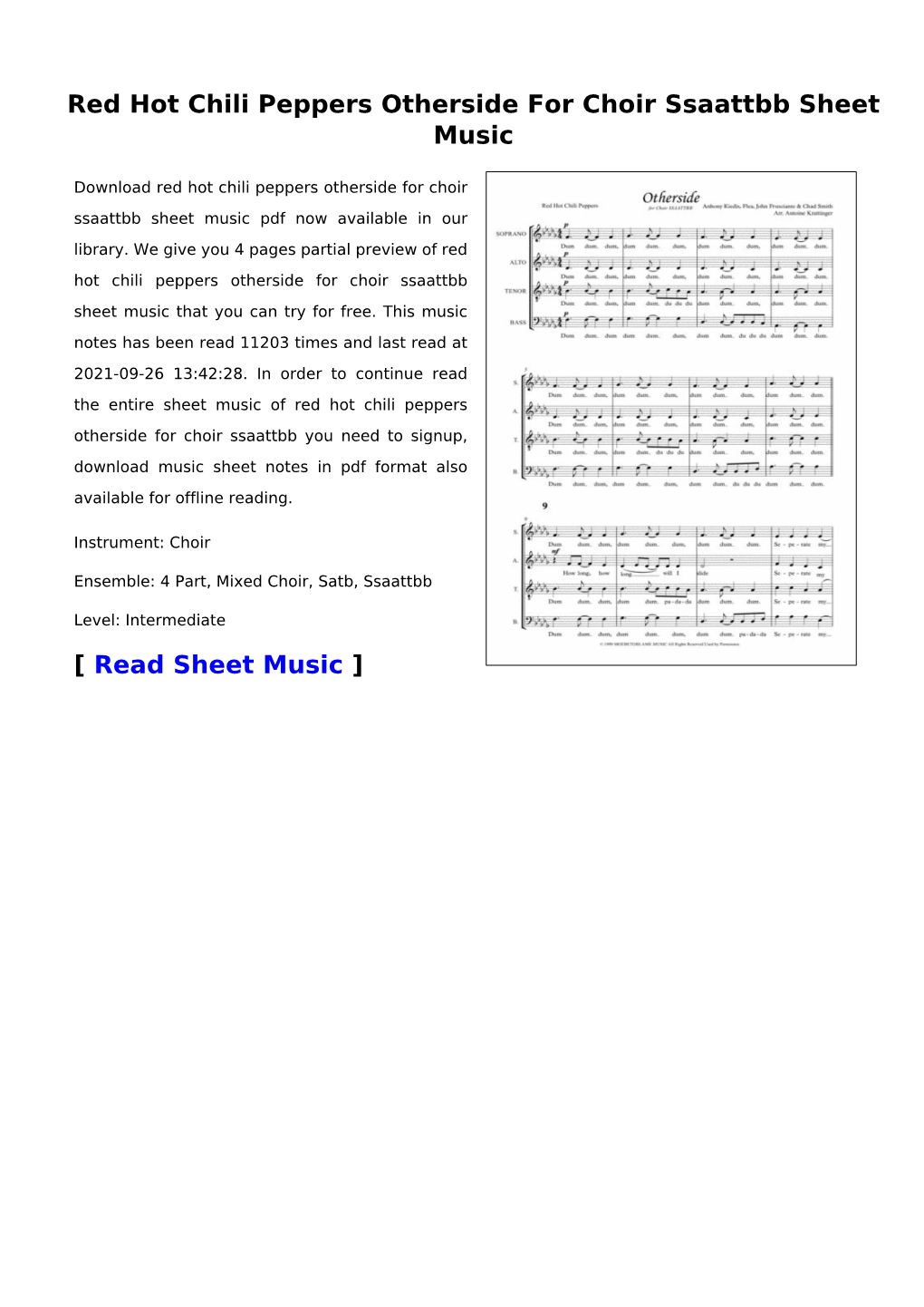 Red Hot Chili Peppers Otherside for Choir Ssaattbb Sheet Music