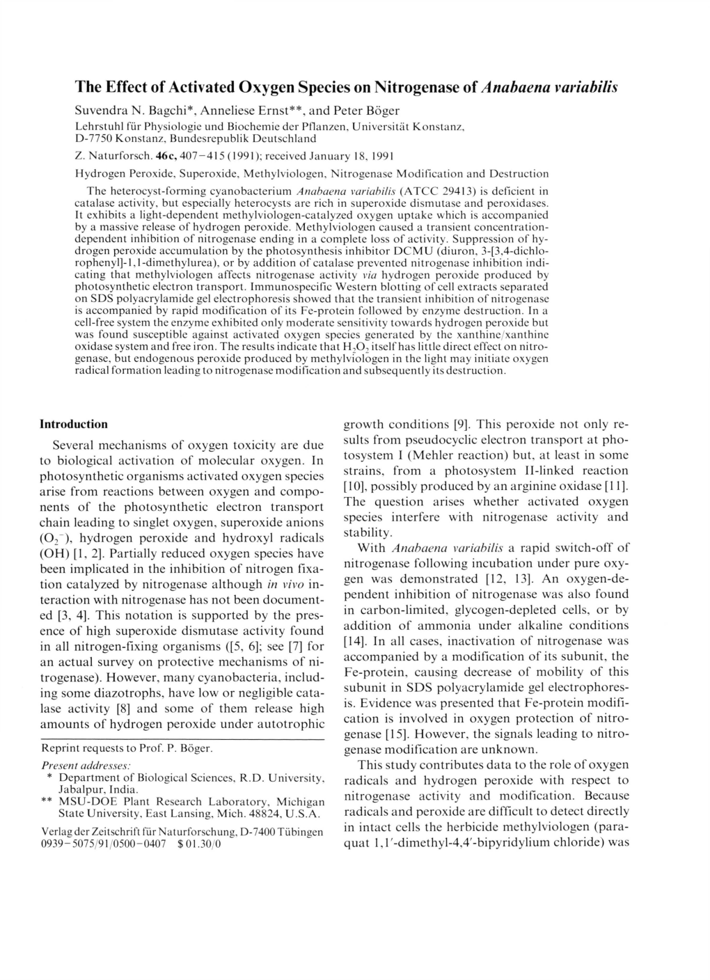 The Effect of Activated Oxygen Species on Nitrogenase of Anabaena Variabilis Suvendra N