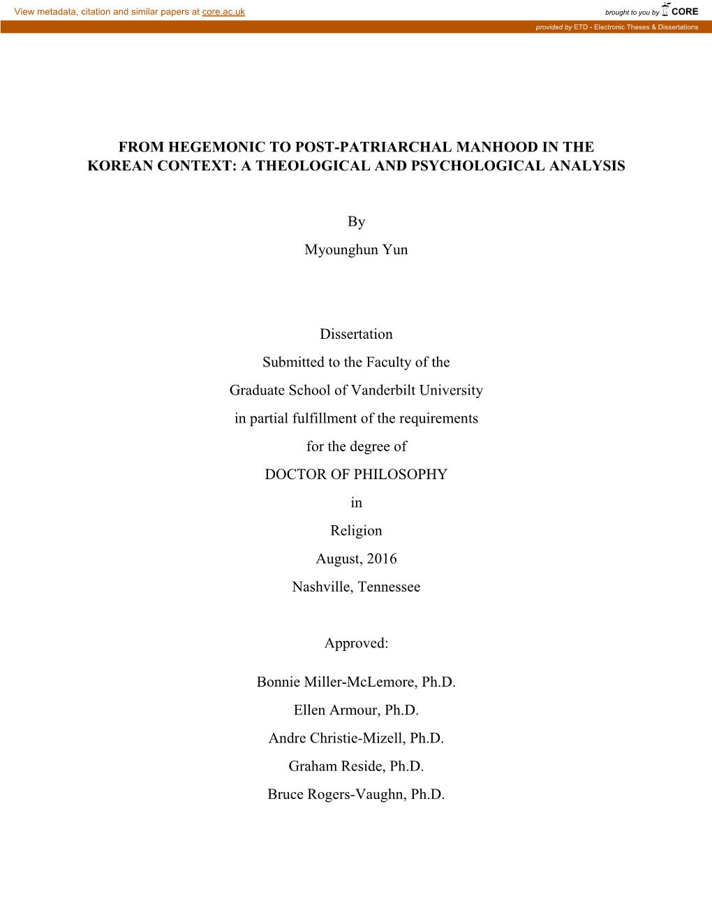 From Hegemonic to Post-Patriarchal Manhood in the Korean Context: a Theological and Psychological Analysis