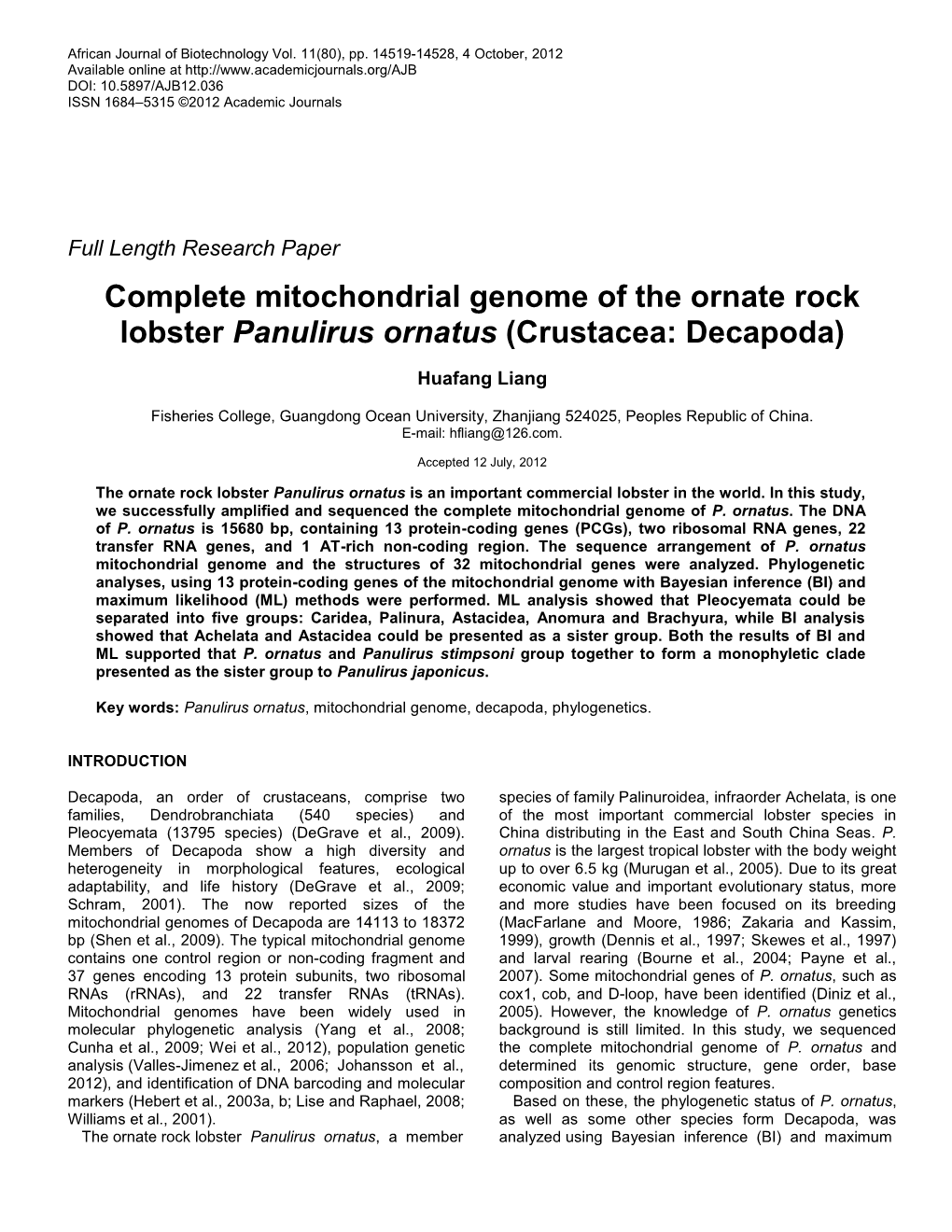 Complete Mitochondrial Genome of the Ornate Rock Lobster Panulirus Ornatus (Crustacea: Decapoda)