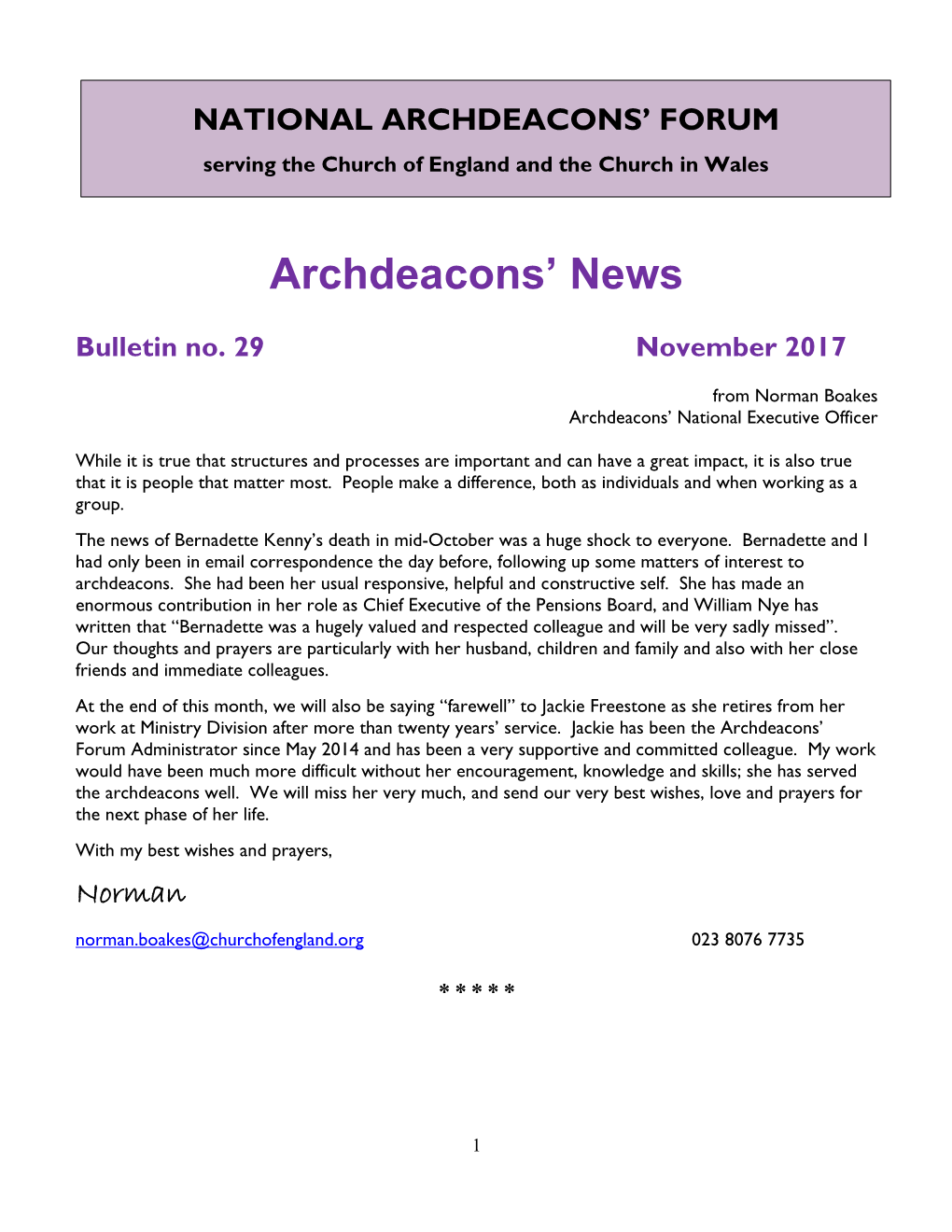 National Archdeacons' Forum Mailing