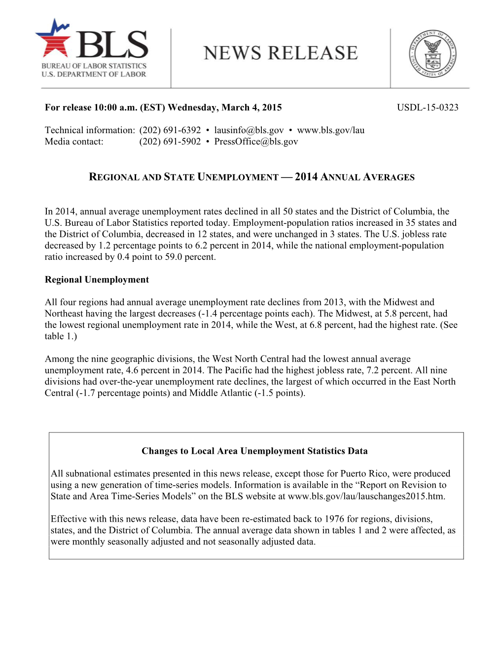 Regional and State Unemployment—2014 Annual