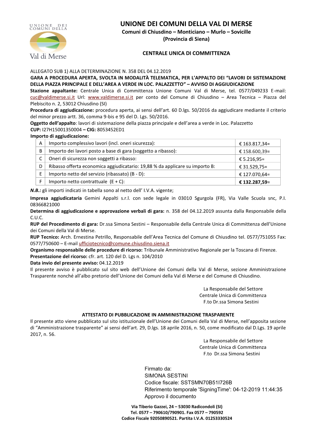 UNIONE DEI COMUNI DELLA VAL DI MERSE Comuni Di Chiusdino – Monticiano – Murlo – Sovicille (Provincia Di Siena)