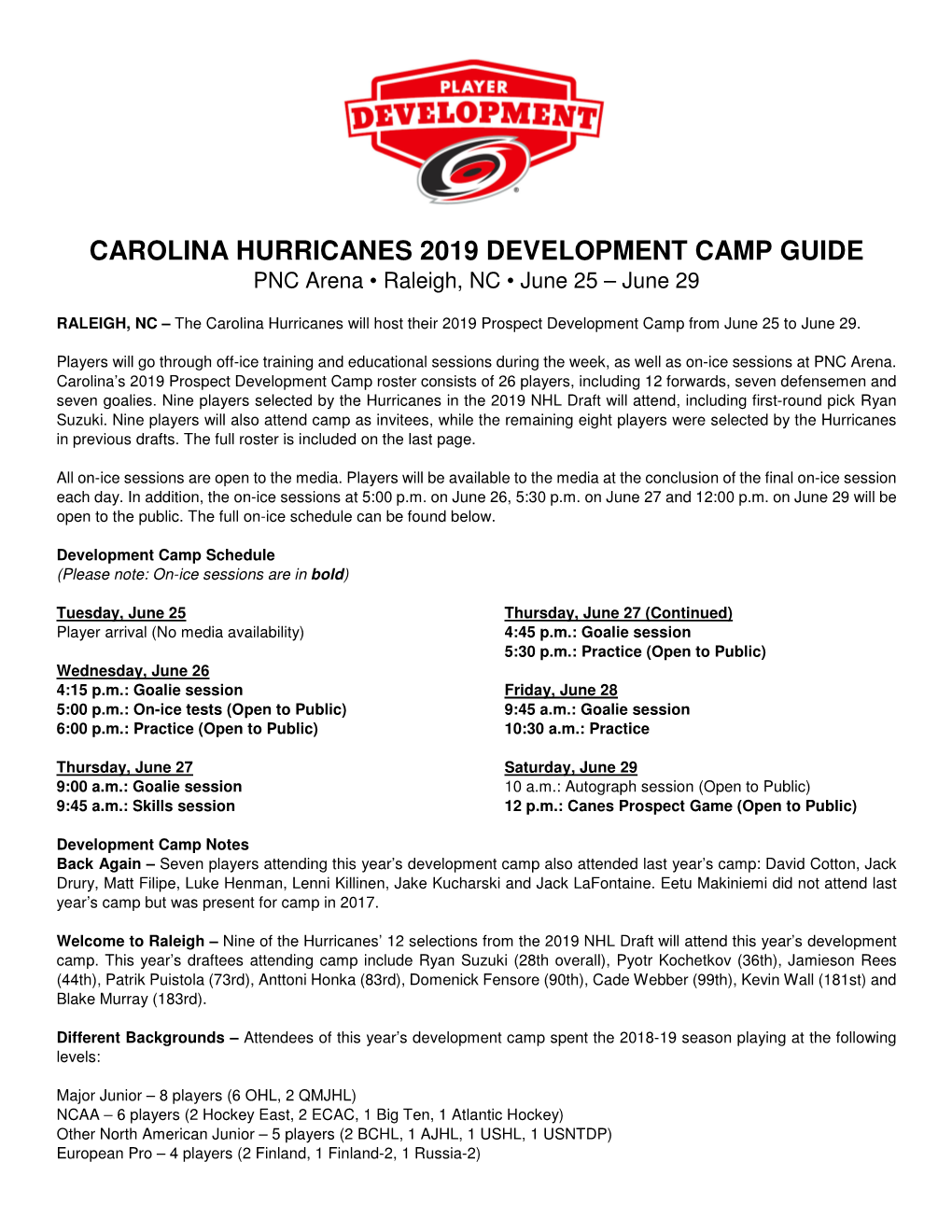 CAROLINA HURRICANES 2019 DEVELOPMENT CAMP GUIDE PNC Arena • Raleigh, NC • June 25 – June 29