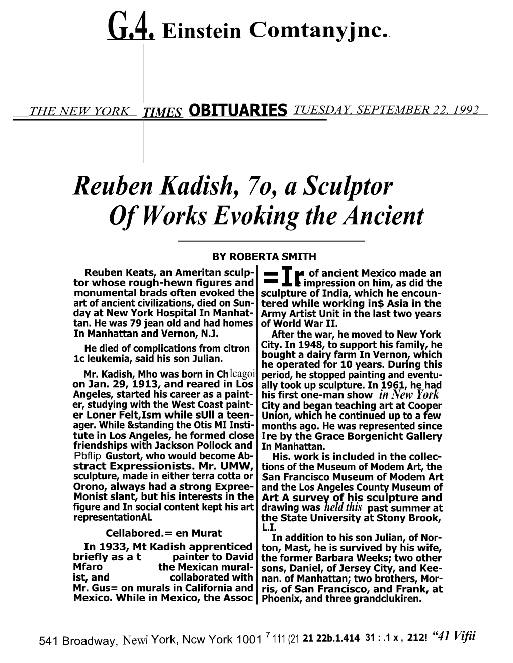 Reuben Kadish, 7O, a Sculptor of Works Evoking the Ancient