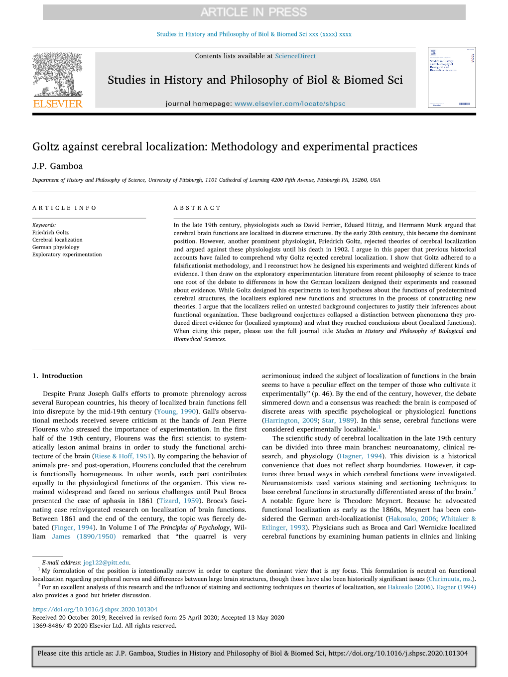 Goltz Against Cerebral Localization Methodology and Experimental