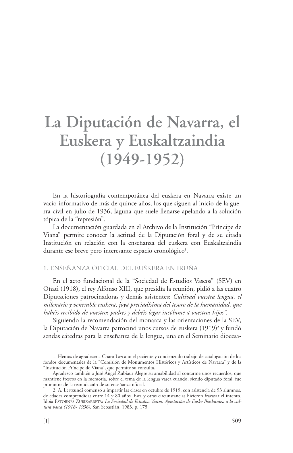 La Diputación De Navarra, El Euskera Y Euskaltzaindia (1949-1952)