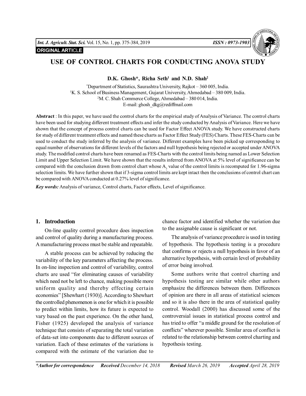 Use of Control Charts for Conducting ANOVA Study