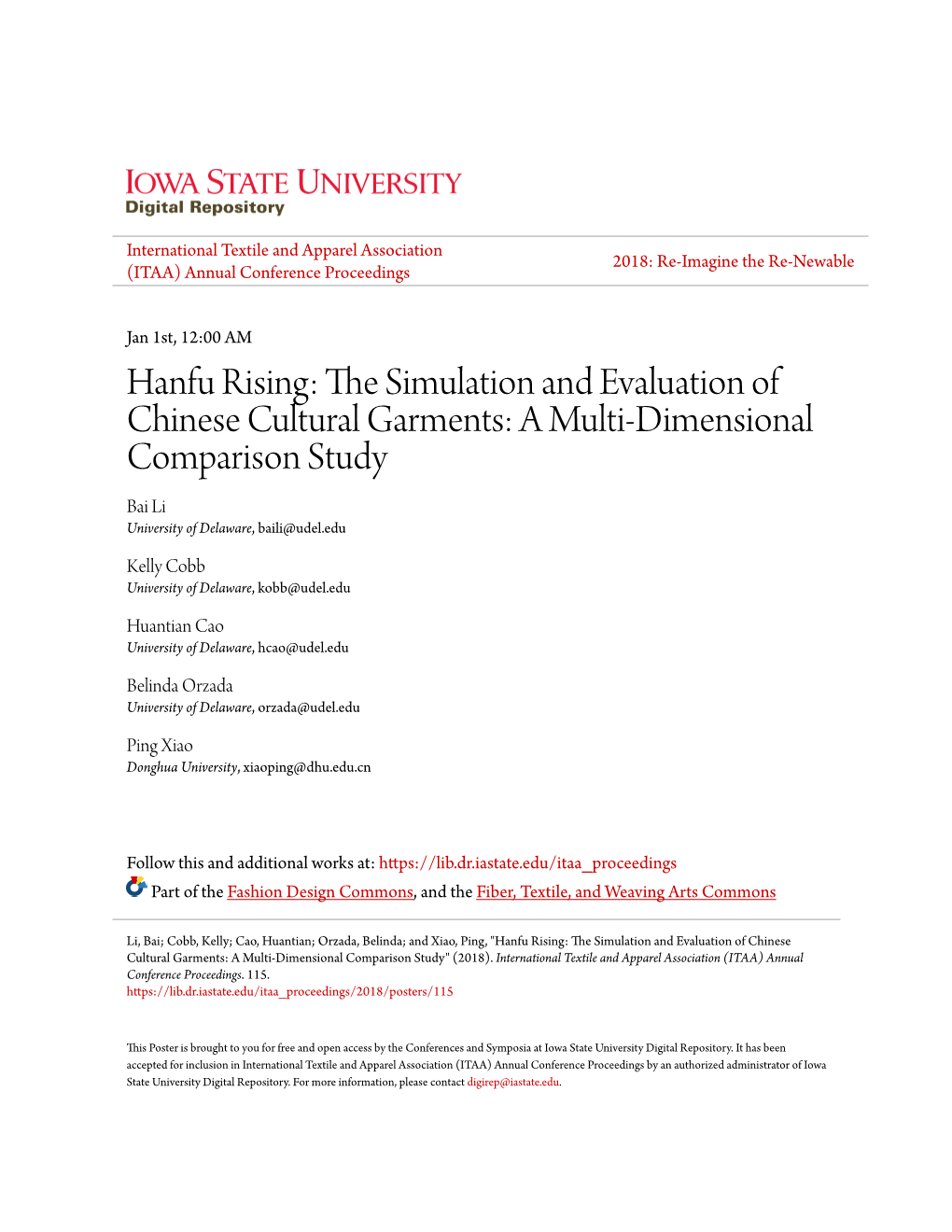 Hanfu Rising: the Simulation and Evaluation of Chinese Cultural Garments: a Multi- Dimensional Comparison Study