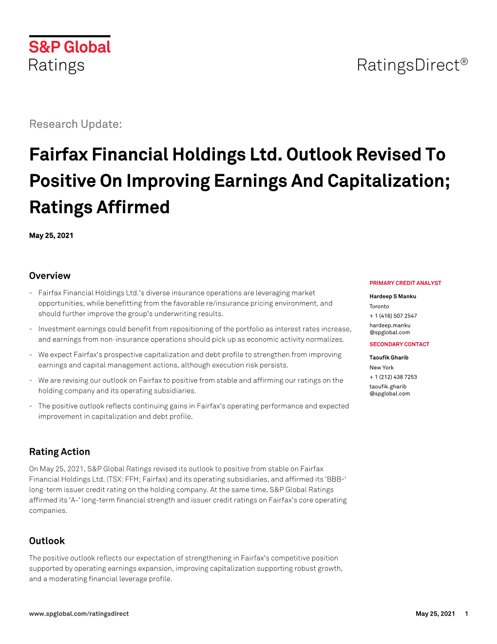 Fairfax Financial Holdings Ltd. Outlook Revised to Positive on Improving Earnings and Capitalization; Ratings Affirmed