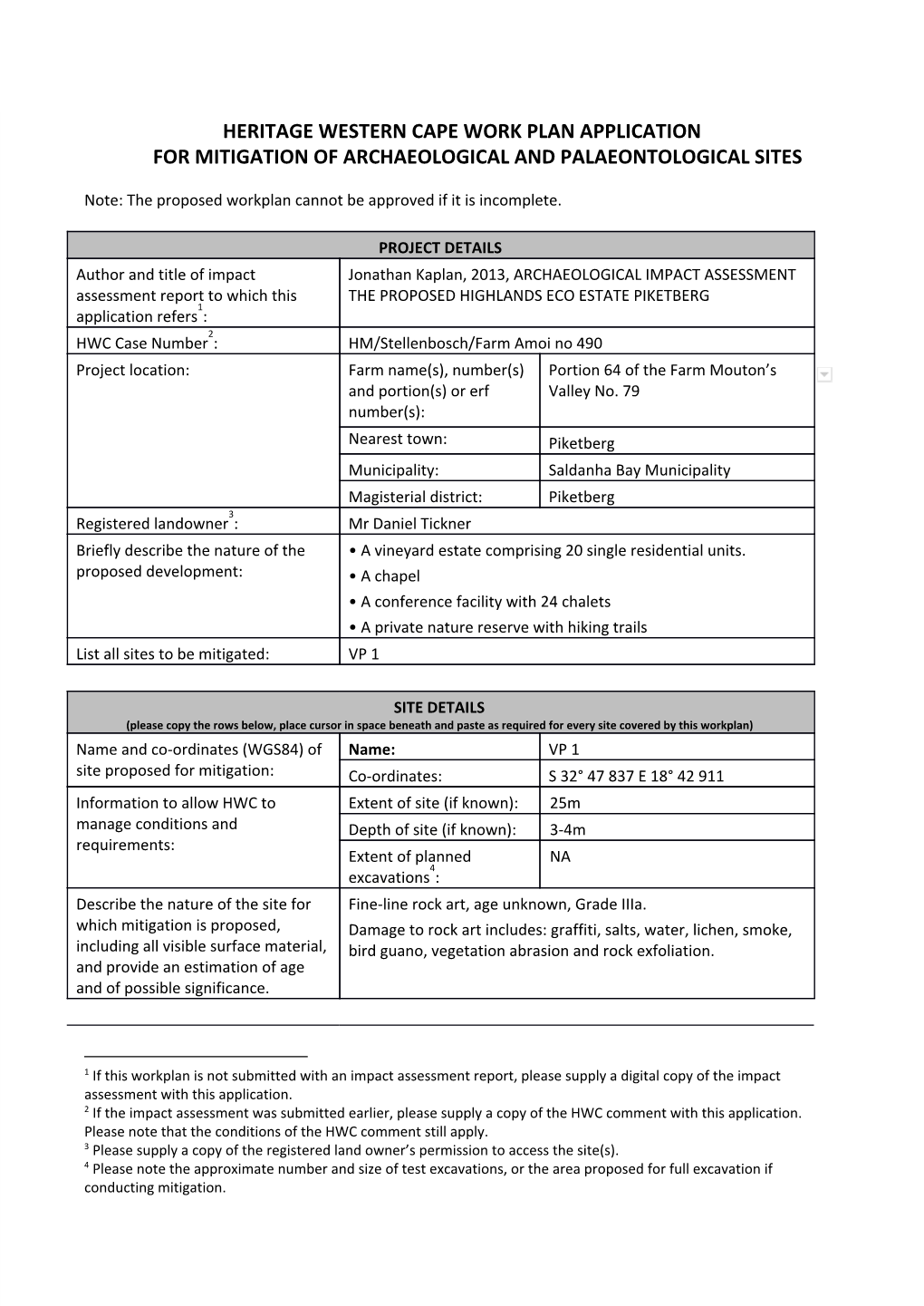 Heritage Western Cape Work Plan Application for Mitigation of Archaeological and Palaeontological Sites