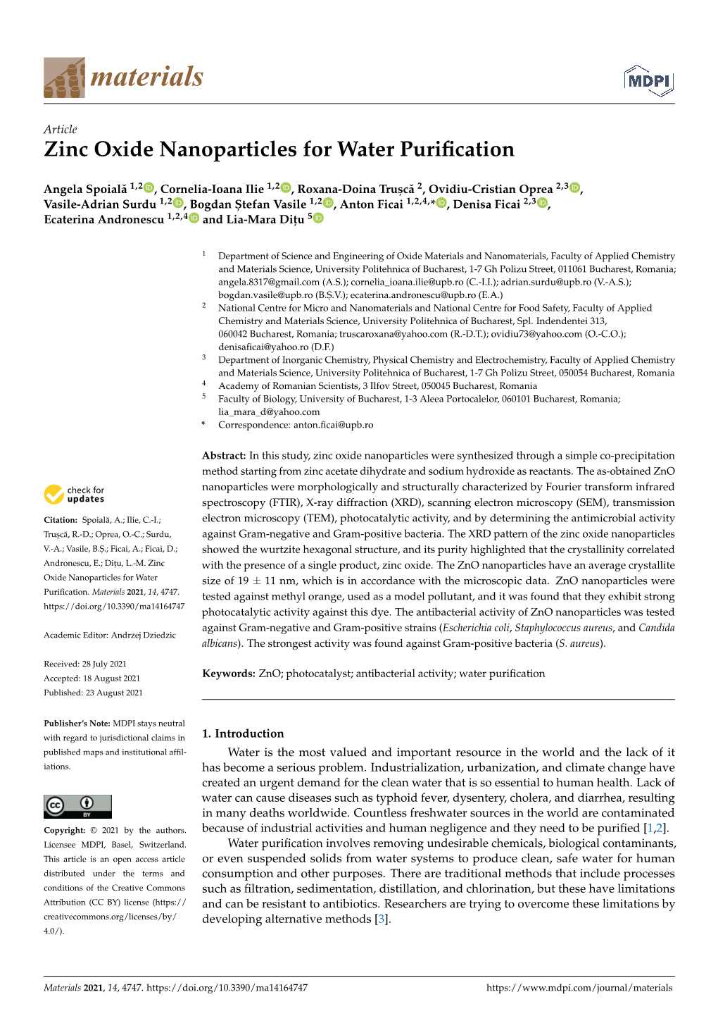 Zinc Oxide Nanoparticles for Water Purification